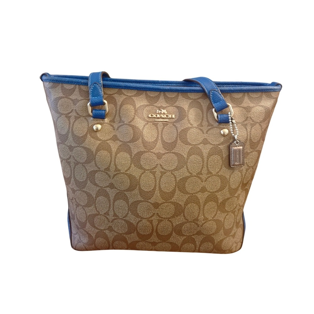 Coach Signature Canvas Zip Top Tote Bag Khaki Brown with Blue Leather Trim